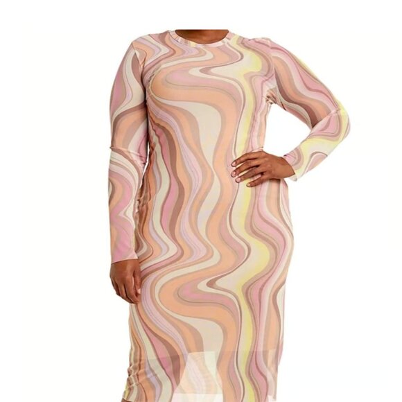 AFRM Shailene Fitted Midi Mesh Dress - Coral Swirl - Size 1X - Picture 2 of 6